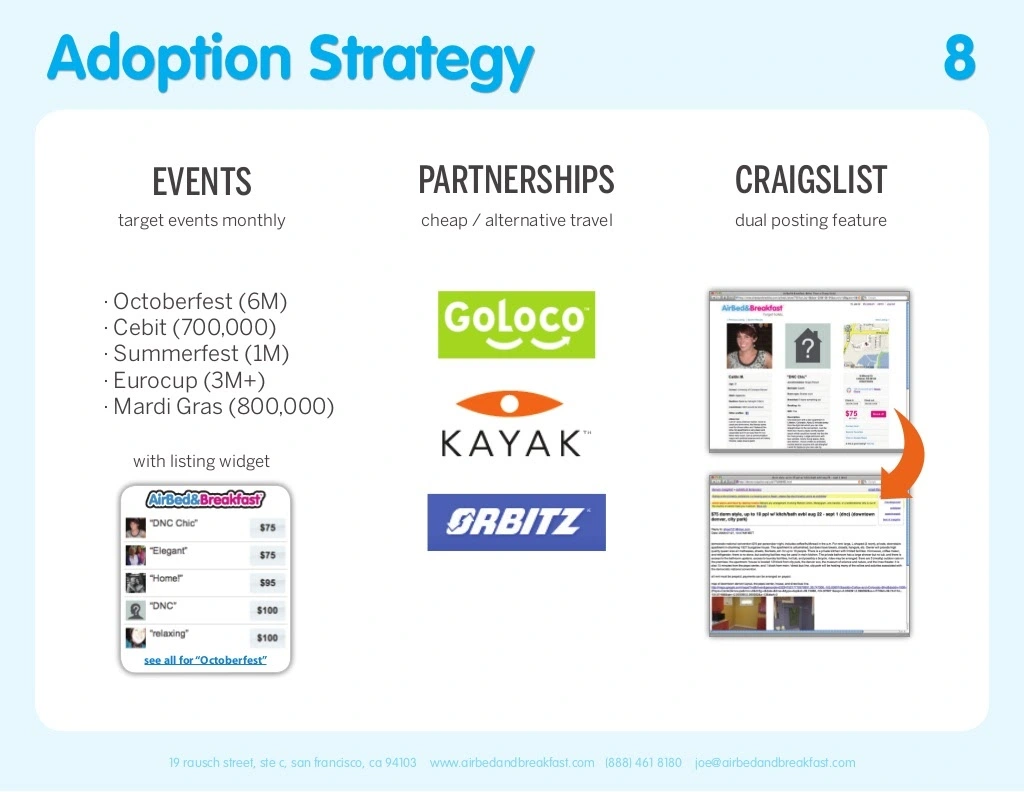 Airbnb pitch deck template. Adoption Strategy slide.