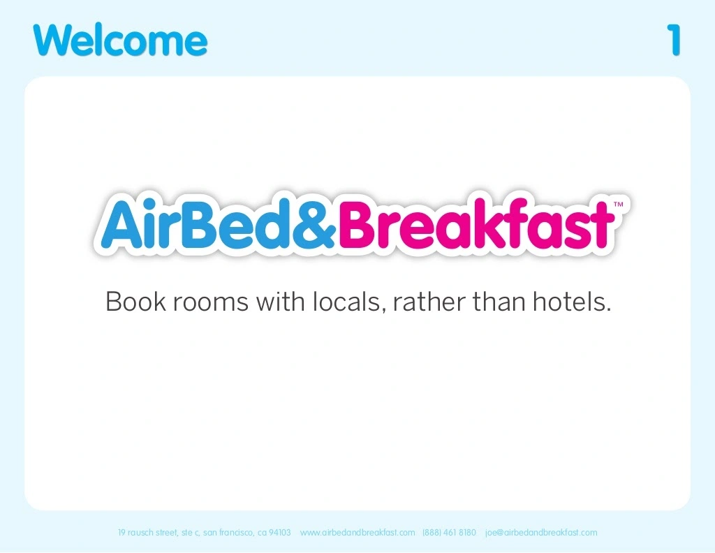 Airbnb pitch deck template. Cover slide.