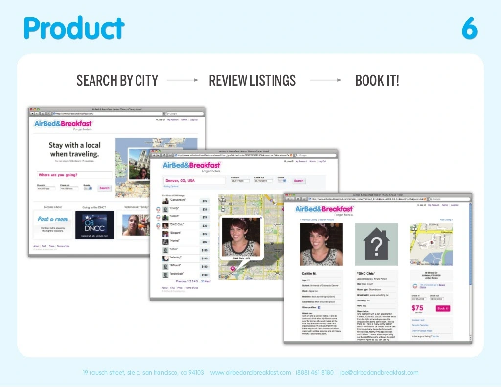 Airbnb pitch deck template. Product slide.