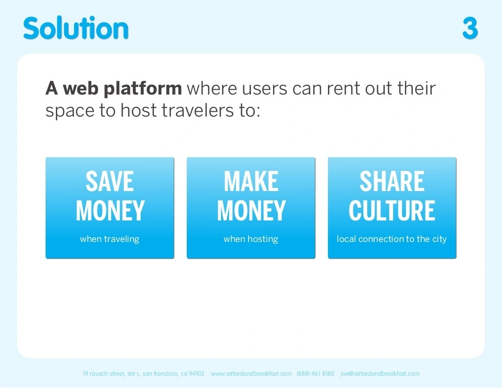 Airbnb pitch deck template. Solution slide.