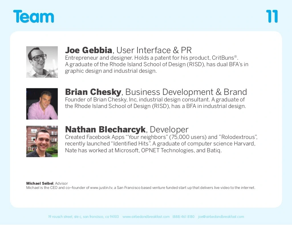 Airbnb pitch deck template. Team slide.