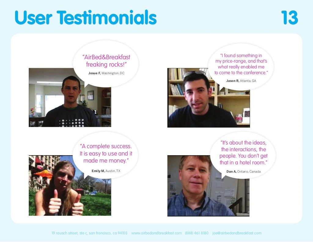 Airbnb pitch deck template. User Testimonials slide.